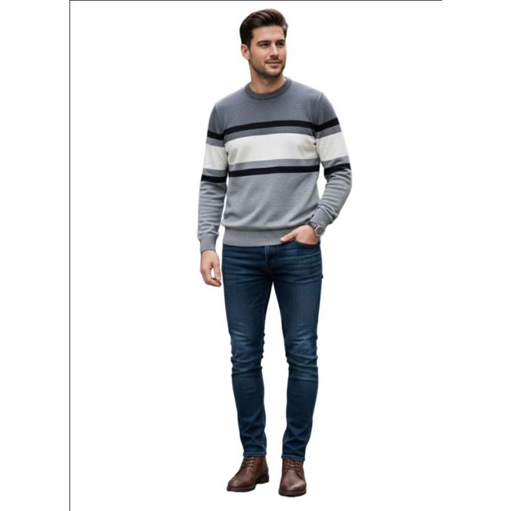 Men's PAUL JONES Crewneck Sweater L Gray Black White Striped